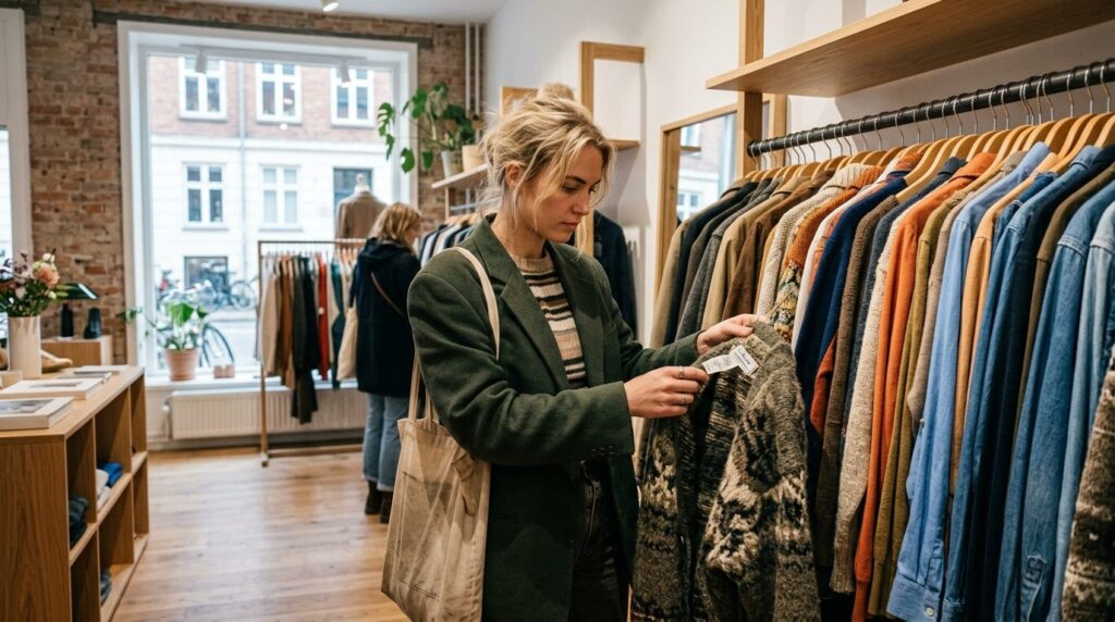 Vintage tøjstativ på en butikshylde med udvalg af brugt tøj.