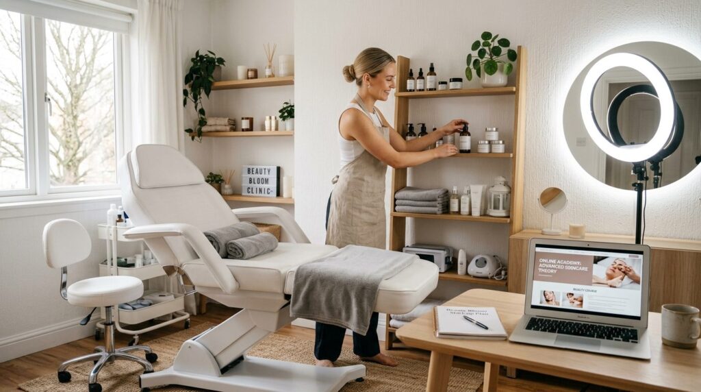 Young woman entrepreneur setting up her home beauty clinic w