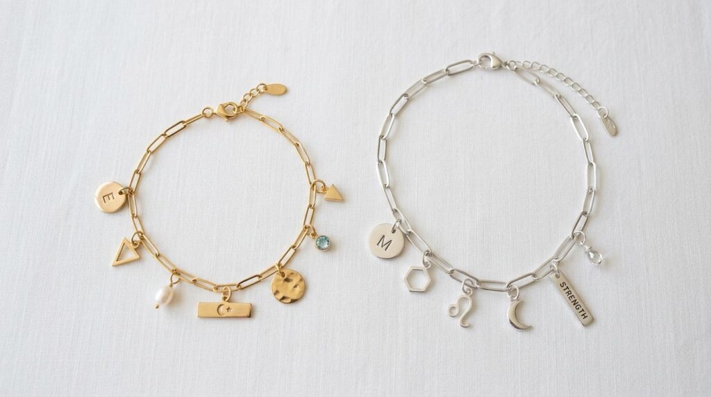 Close-up flat lay photography of two paperclip chain charm j
