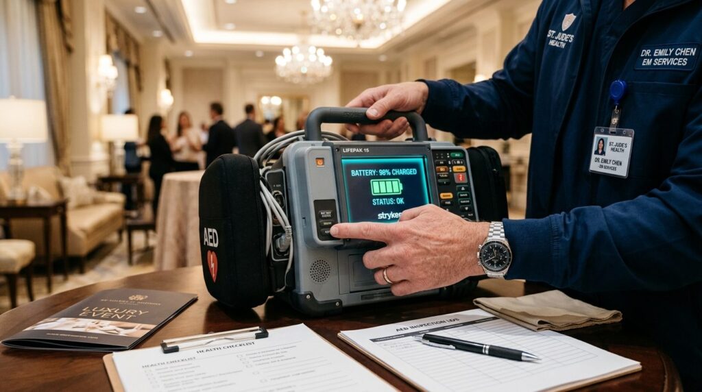 Close-up detailed shot of hands testing an AED defibrillator