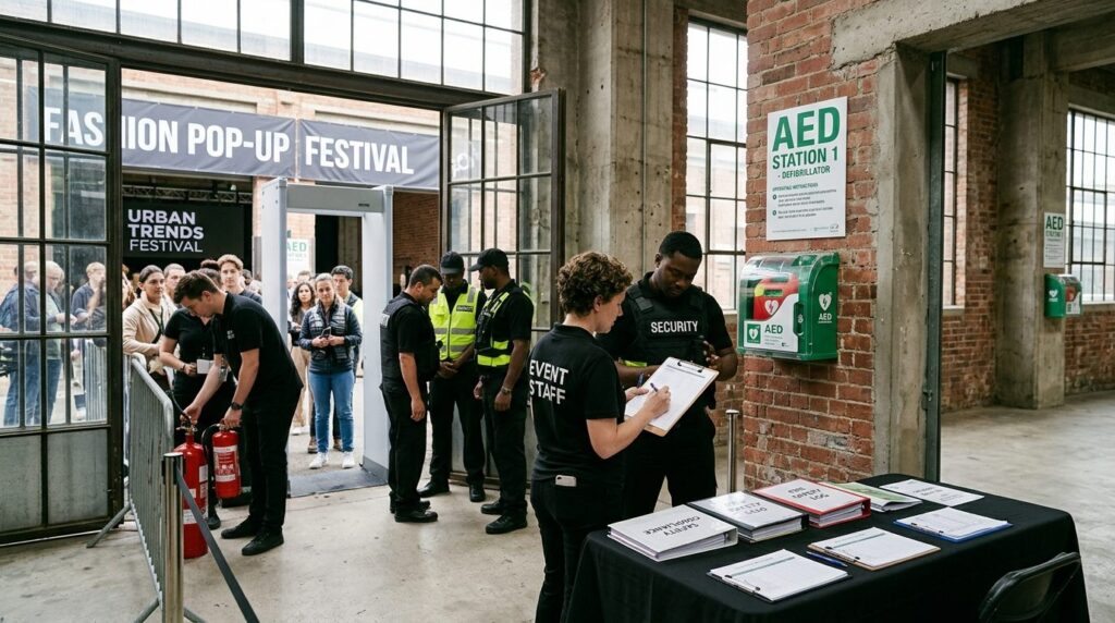 Wide scene of event organizers and security team conducting 