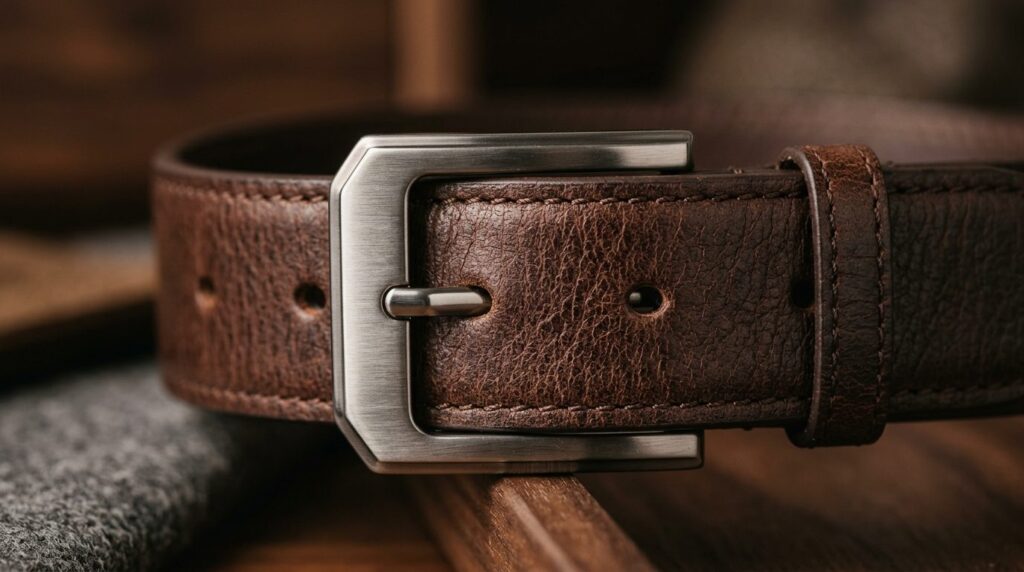 Closeup detail shot of a premium mens belt buckle and leath