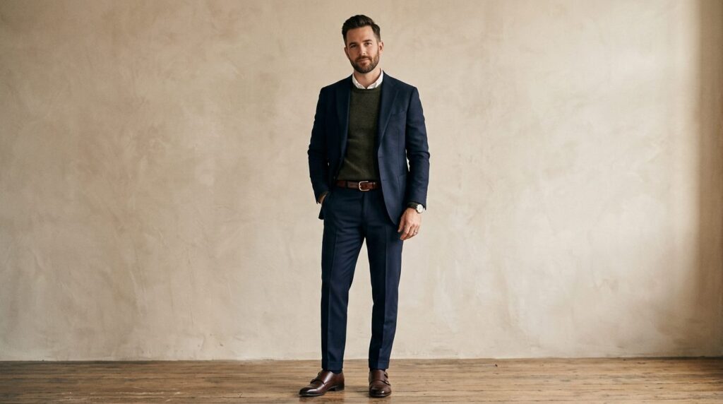Full-body fashion shot of well-dressed modern man wearing ta