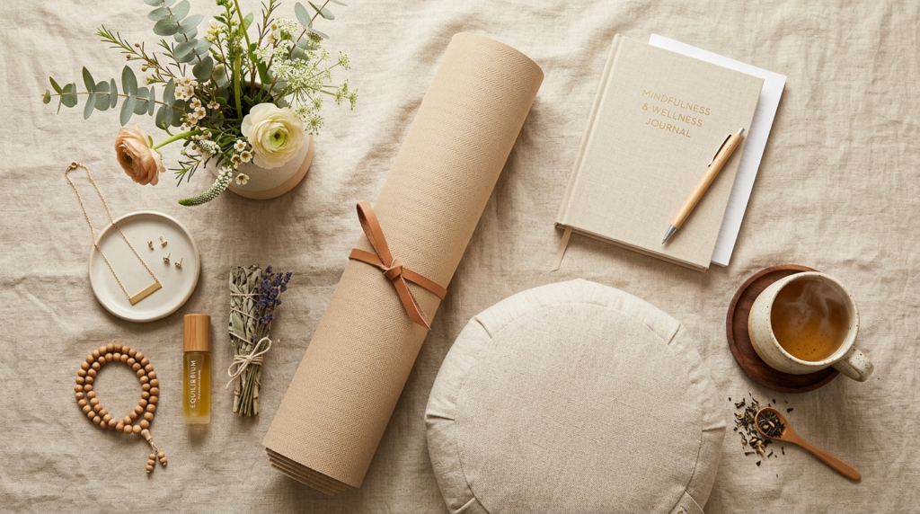 Overhead flat lay of luxury yoga lifestyle essentials arrang