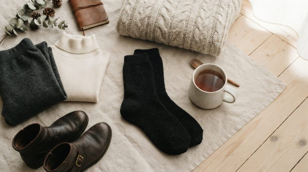 Overhead flat lay of a minimalist winter wardrobe essentials