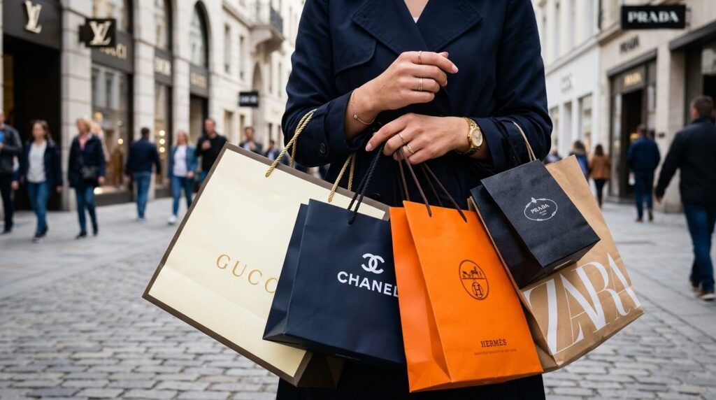 Close-up of hands holding multiple shopping bags from luxury