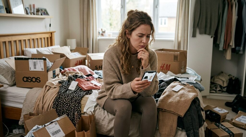 Young woman looking at her phone with opened shopping apps a