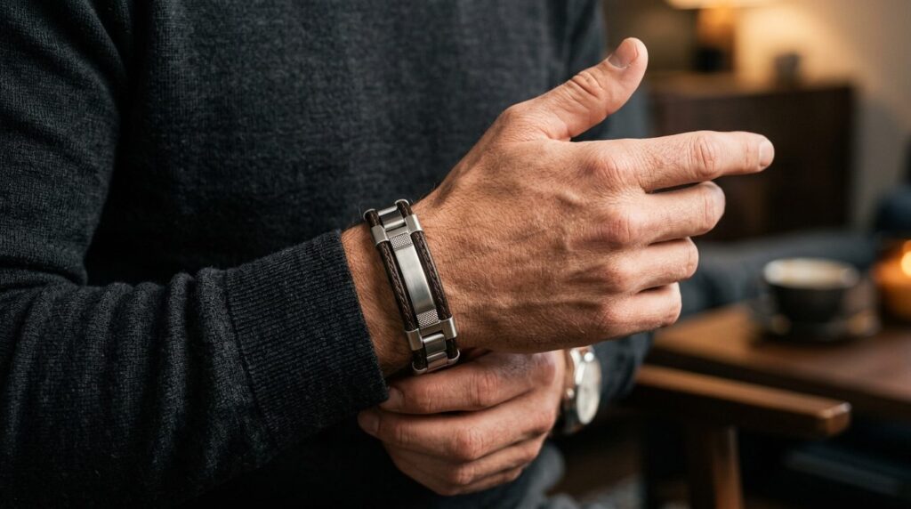 Close-up fashion detail shot of a man wearing a steel and le