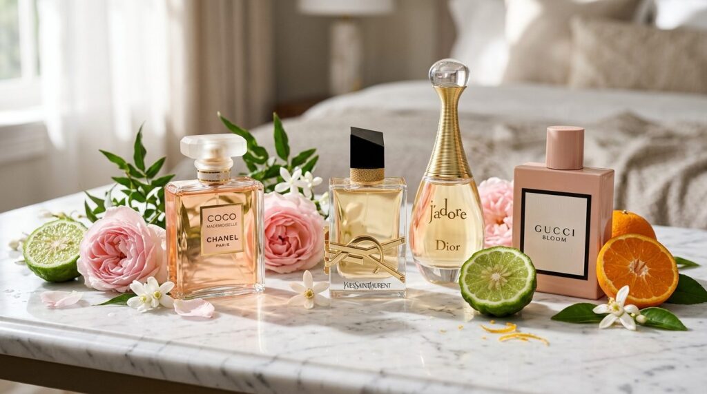 Close-up luxury perfume photography showing multiple designe