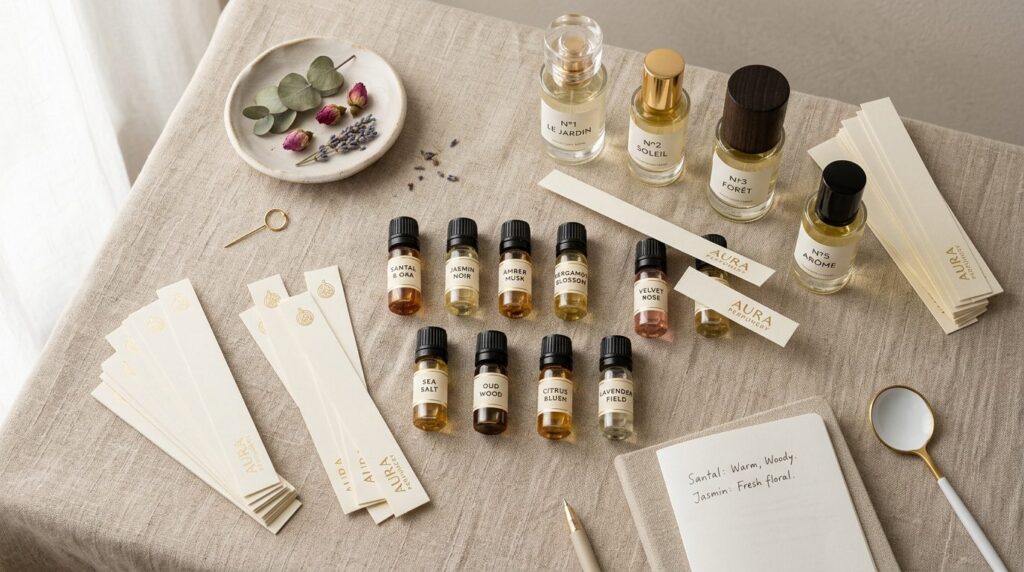 Flat lay overhead shot of luxury perfume sampling set with s