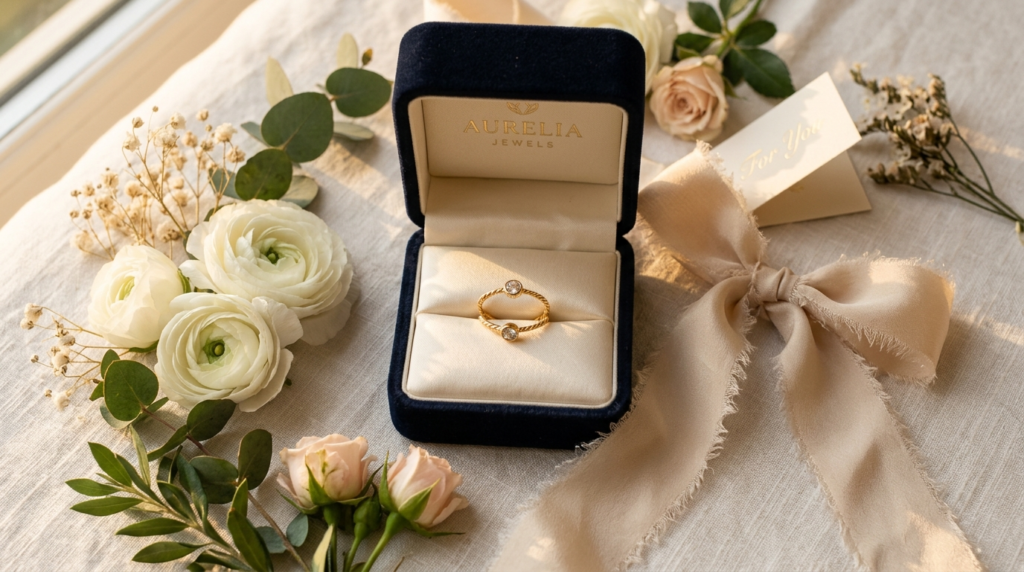 Luxury jewelry gift presentation: Flat lay composition featu