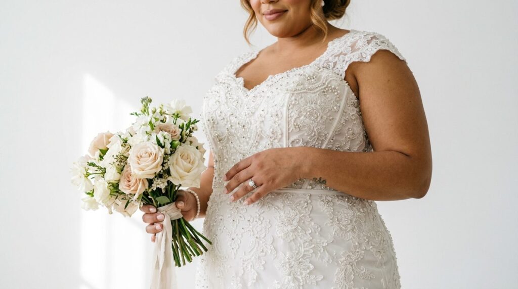 Close-up detail shot of a plus-size brides hands and torso 