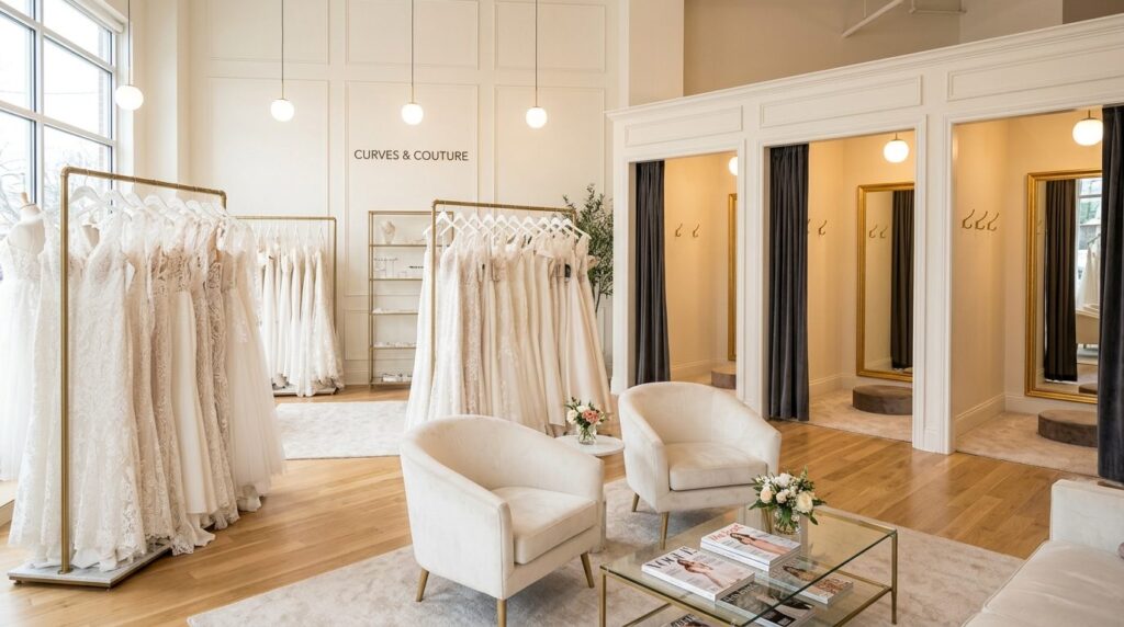 Interior of an upscale bridal boutique specialized in plus-s