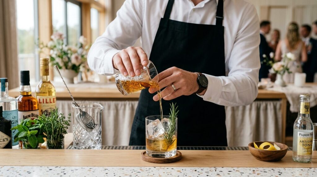 Close-up of an expertly dressed professional male bartender