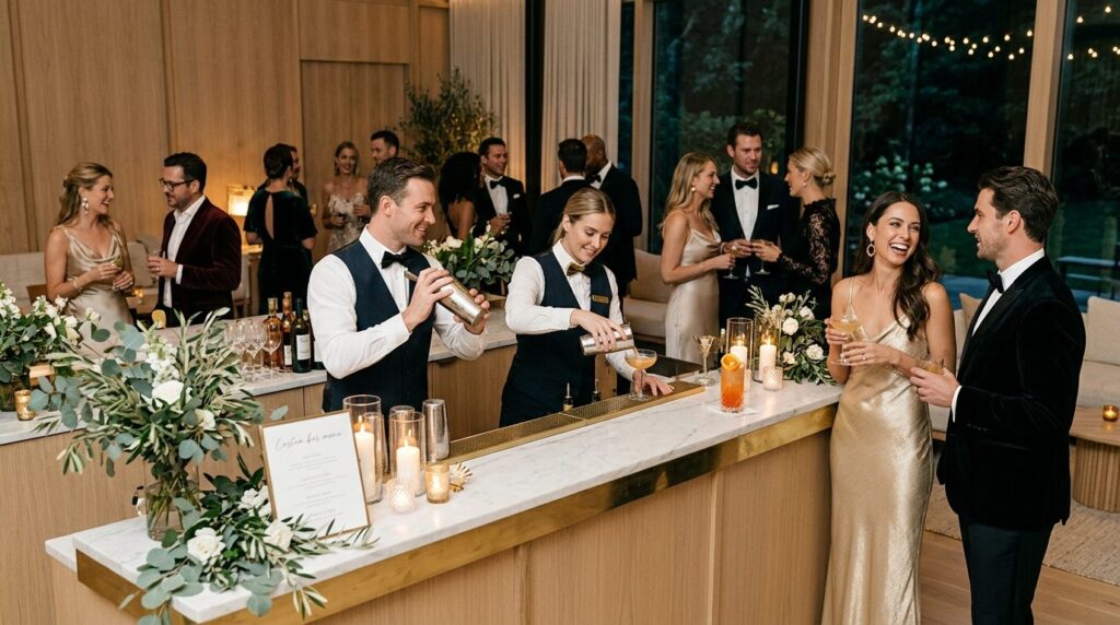 Elegant wedding reception cocktail bar scene with two profes