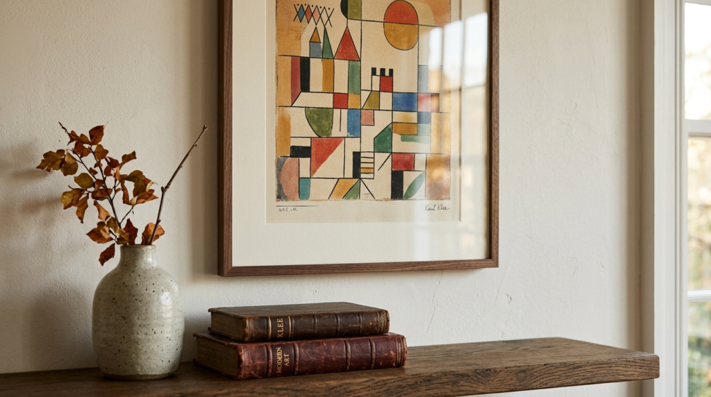 Close-up detail of a Paul Klee inspired abstract art print o