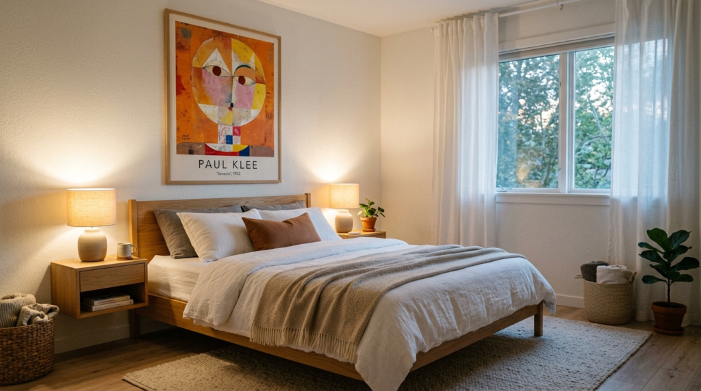 Scandinavian bedroom interior with a Paul Klee colorful geom