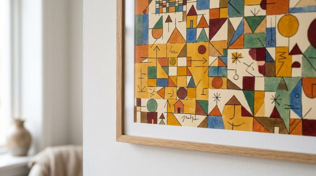 Close-up detail shot of a Paul Klee inspired abstract art pr