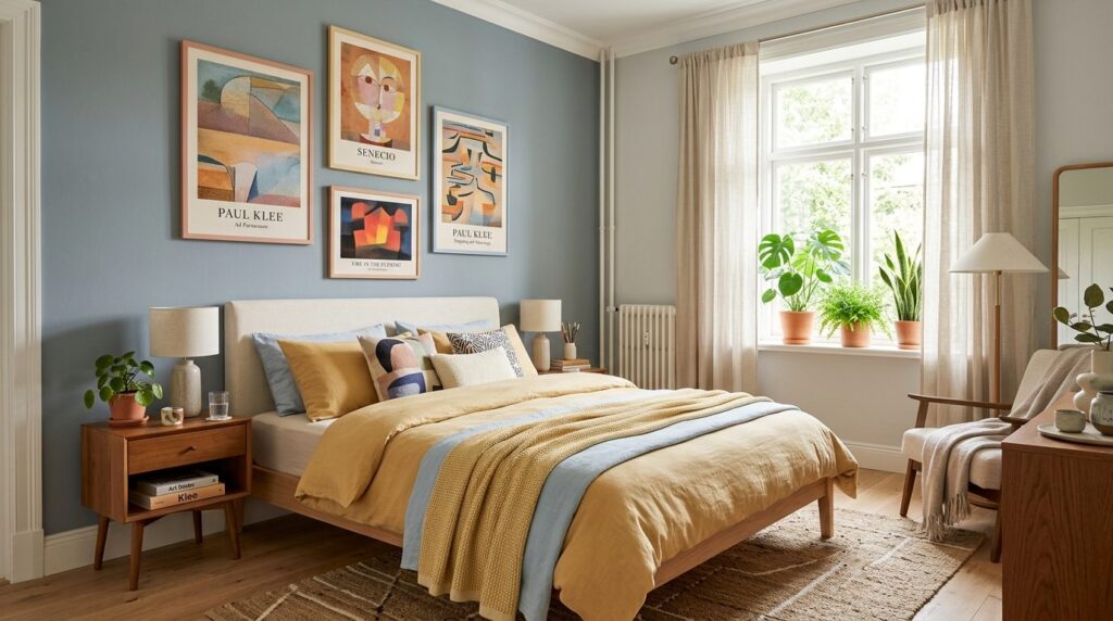 Stylish bedroom interior with Paul Klee abstract posters on 