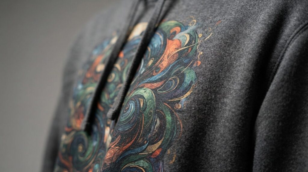 Close-up detail shot of a high-quality printed hoodie fabric