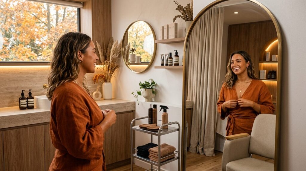 Modern beauty salon interior with a satisfied woman admiring