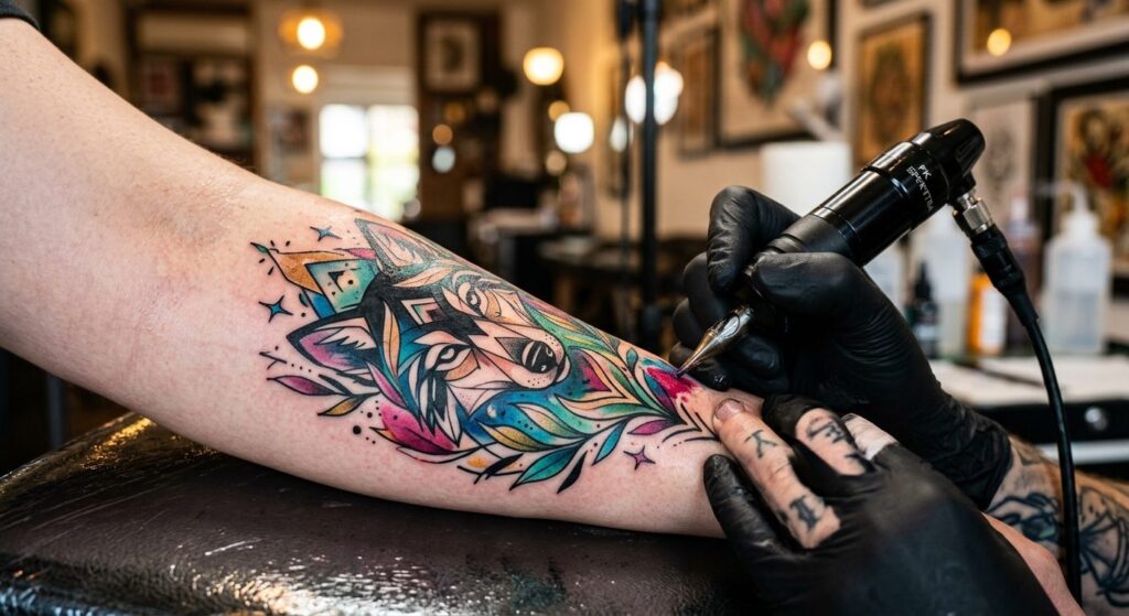 Close-up detail shot of a fresh, vibrant custom tattoo on sk