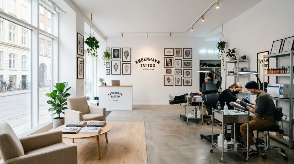 Wide shot of a contemporary Copenhagen tattoo studio interio