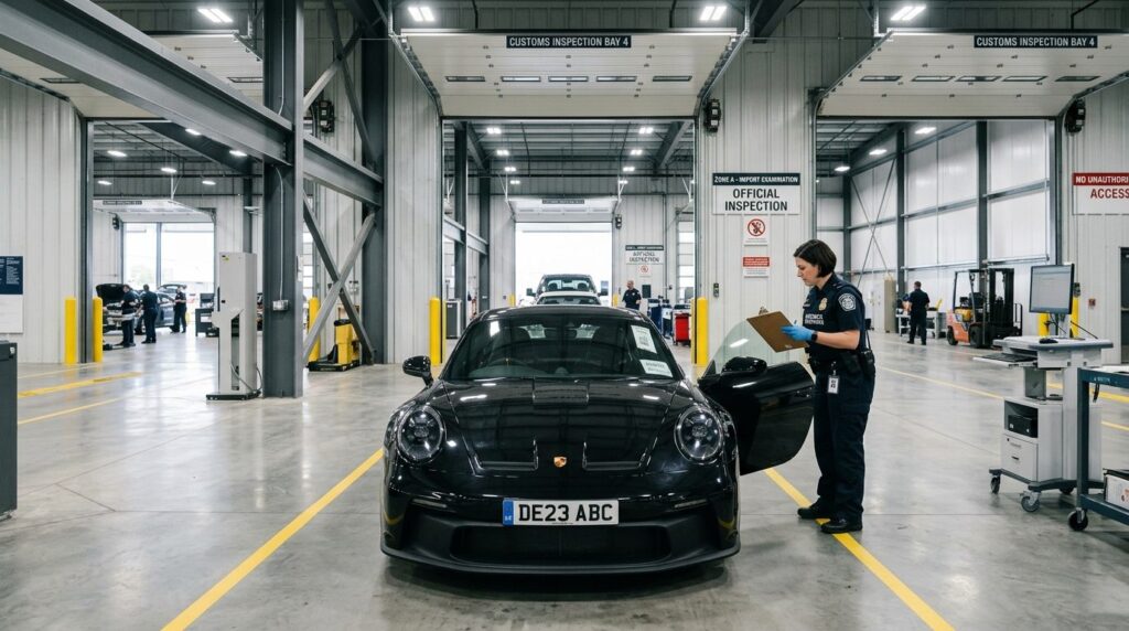 Wide angle view of a customs inspection bay with a imported 