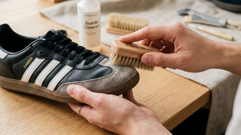 Close-up detail shot of hands gently cleaning suede and leat