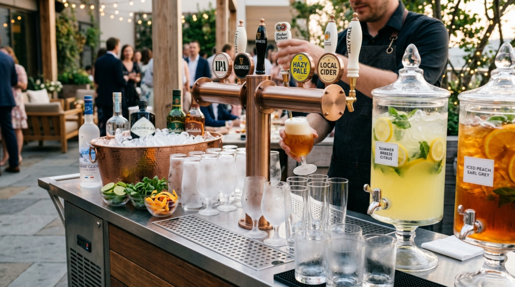 Close-up of professional draft beer tap system and premium b
