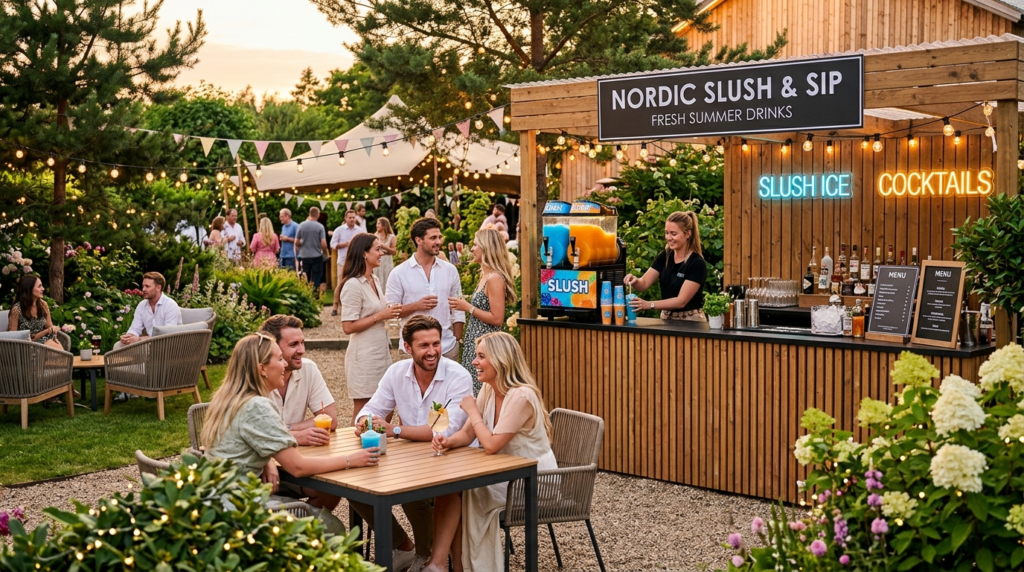 Vibrant summer pop-up event scene in Scandinavian garden set