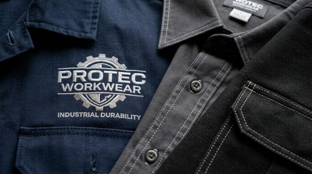 Close-up detail shot of premium branded workwear fabric text