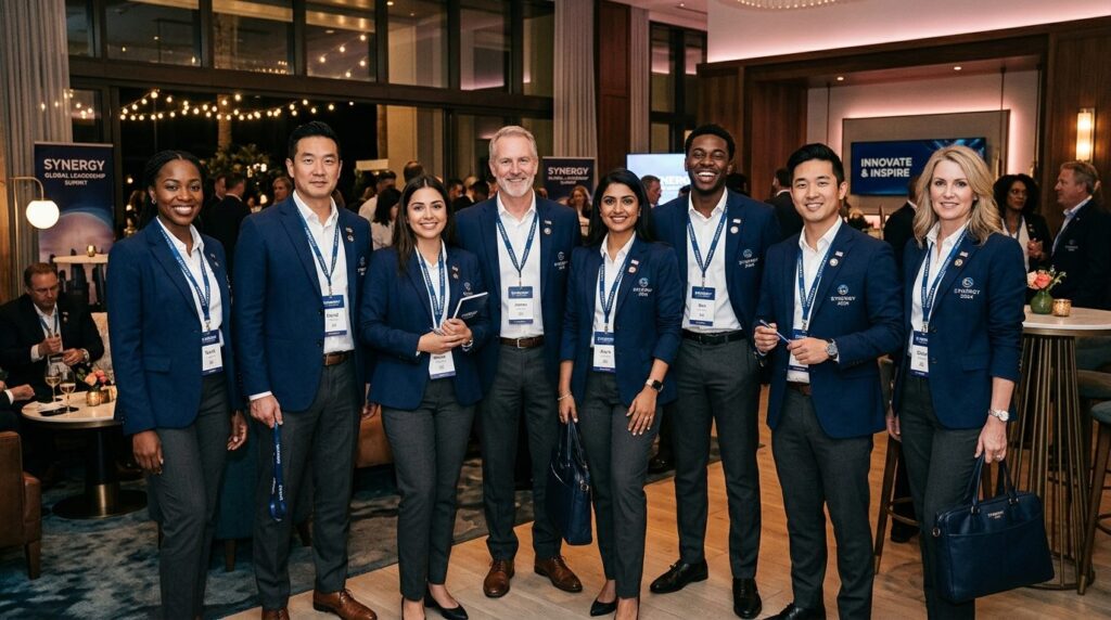 Wide shot of diverse professionals in matching branded event