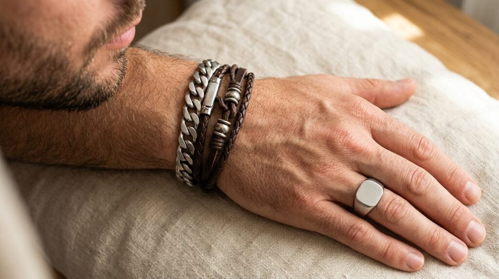 Close-up detail shot of a mans wrist and hand wearing layer