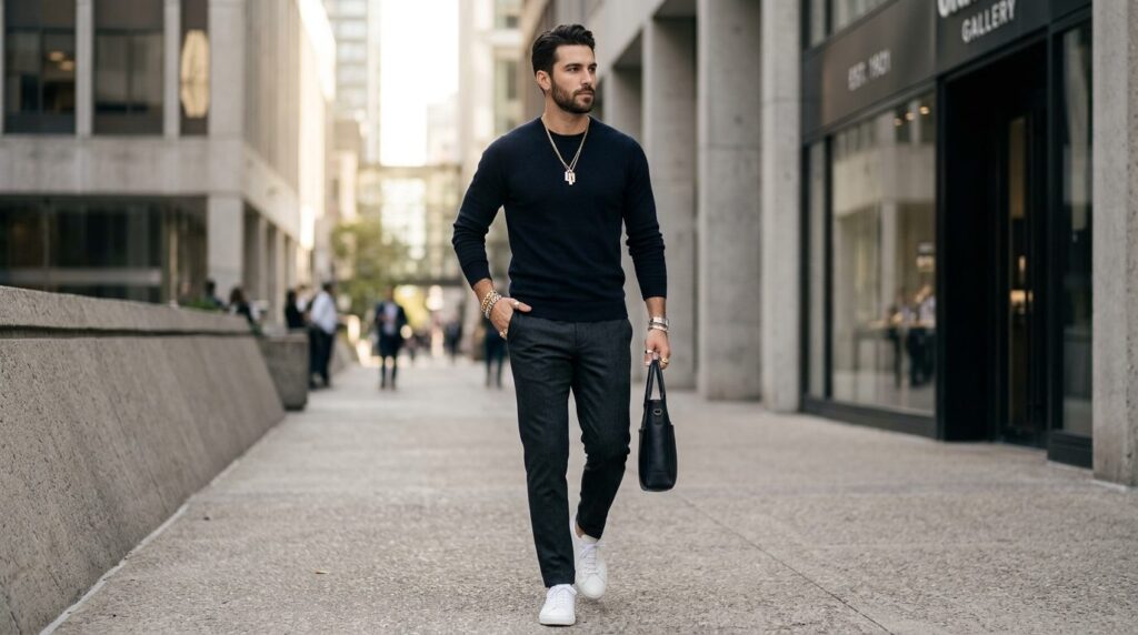 Full-body fashion portrait of a stylish man in casual luxury