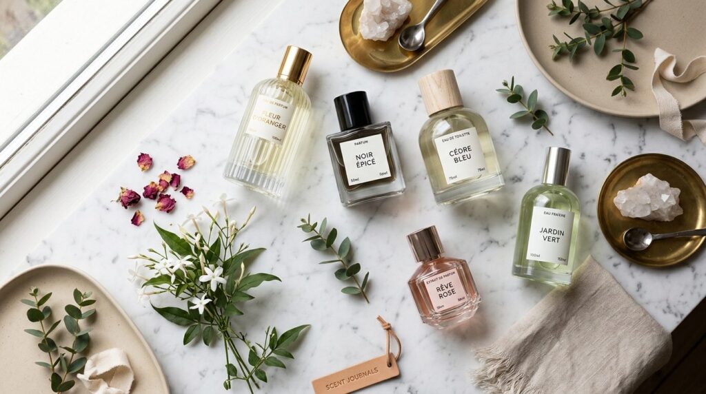 Flat lay luxury beauty composition featuring multiple perfum