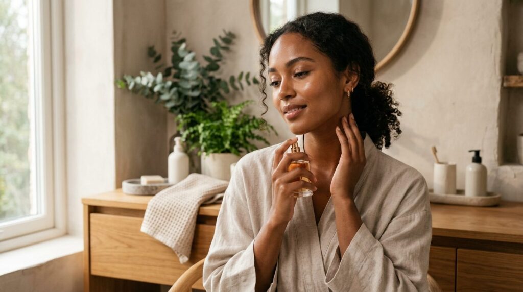 Portrait of diverse woman applying fragrance to her neck, na
