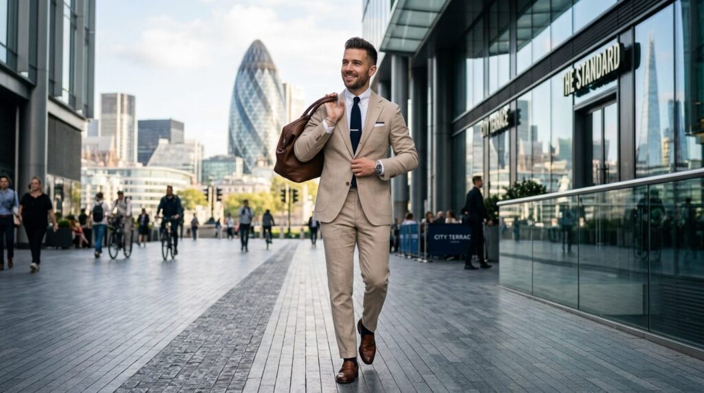Styled fashion lifestyle image of a man in a well-fitted neu