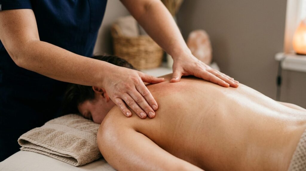Close-up detail shot of skilled hands performing therapeutic