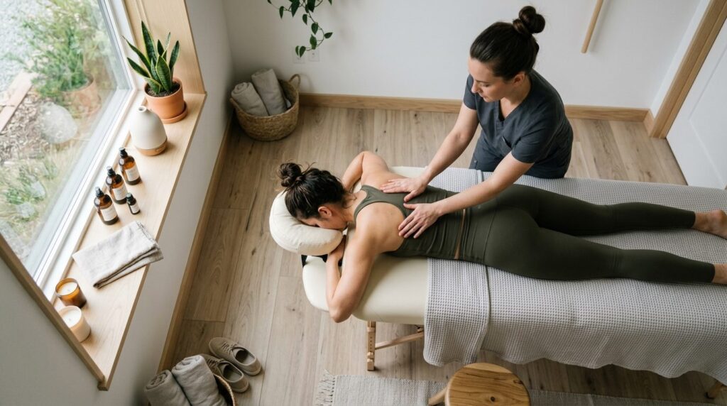 Overhead view of wellness recovery setup: person in comforta