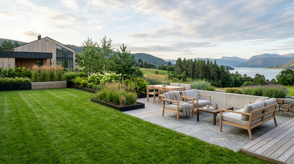 Wide landscape shot of a Scandinavian-inspired garden space 