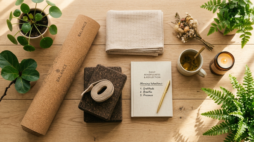 Flat lay luxury yoga and wellness accessories arranged on na