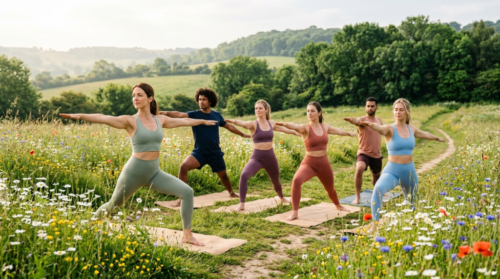 Small group of people in contemporary yoga wear practicing o
